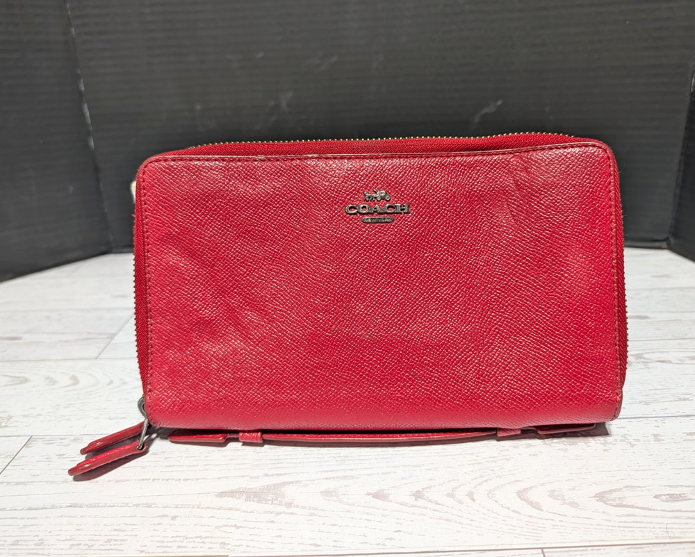 Coach Red Crossgrain Leather Double Zip Travel Organizer Wallet Clutch Case
